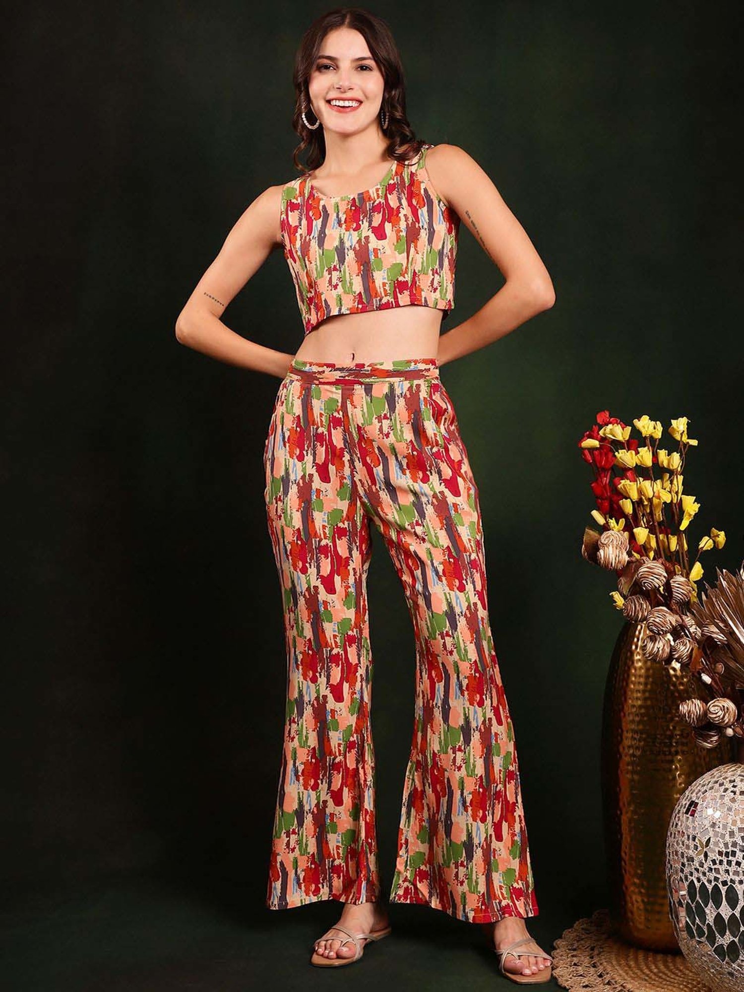 Claura Red Printed Crop Top Pants Set With Jacket