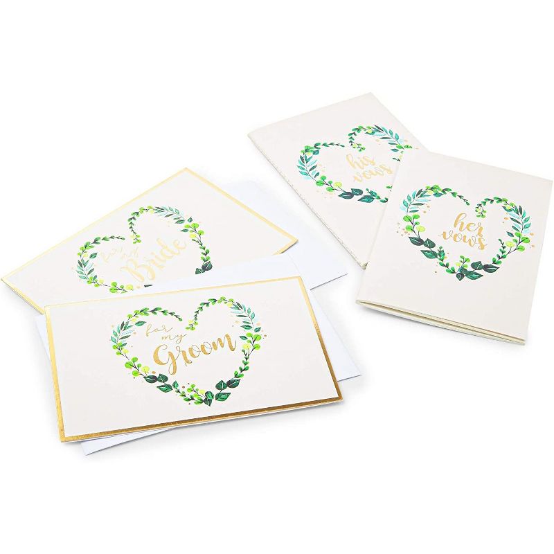 Pipilo Press 2 Wedding Vow Books with 2 Greeting Cards Set, Garland Wreath Heart Print