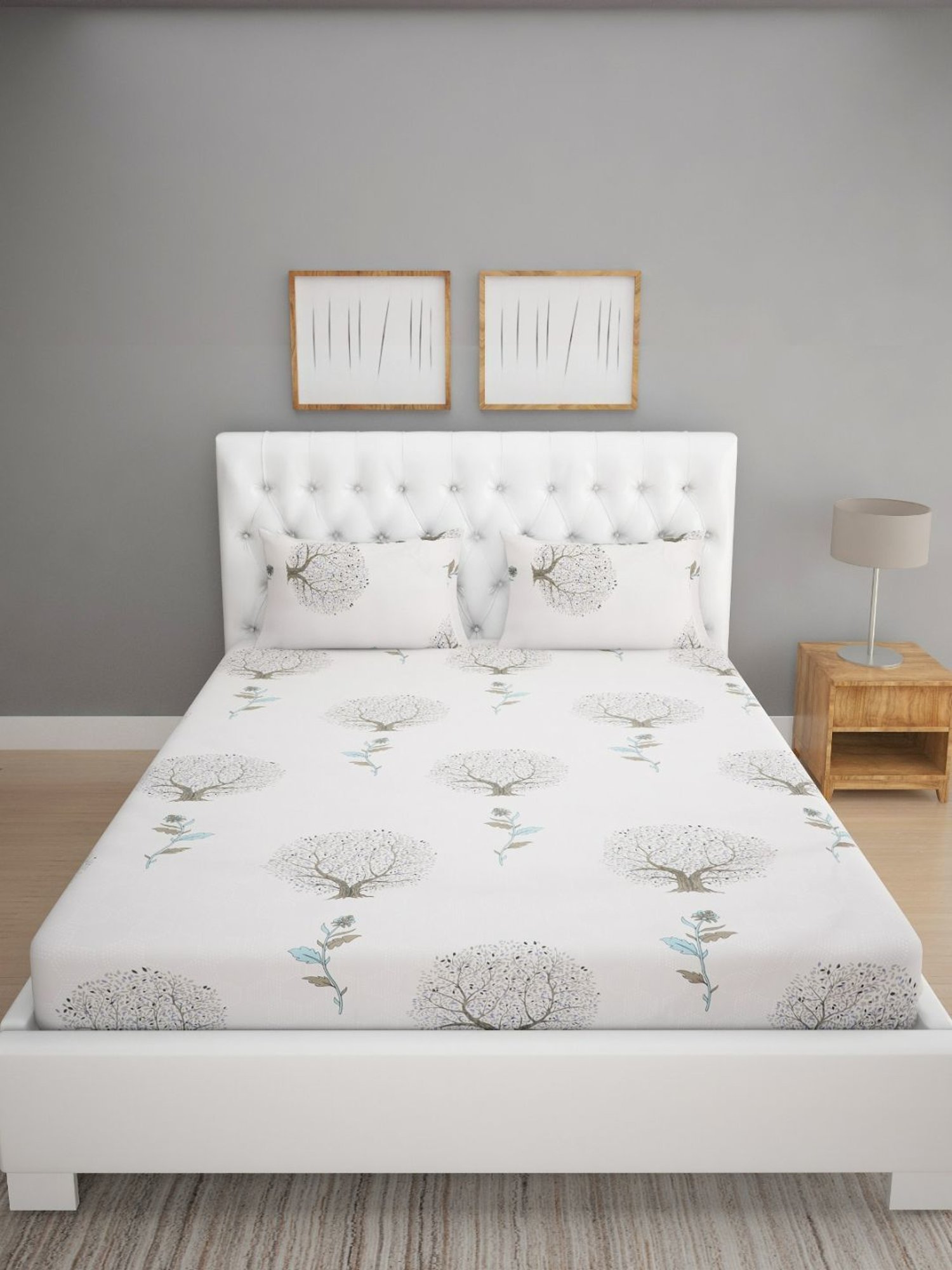 Romee Floral Teal Green 144 TC Cotton Queen Sized Bed Sheet with 2 Pillow Covers