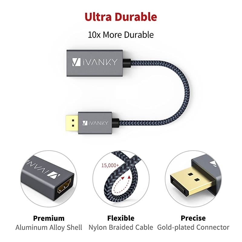 DisplayPort to HDMI Adapter,  Unidirectional DP to HDMI Converter, Nylon Braided 1080P Adapter for Laptop (HP/Lenovo/Dell), Monitor, HDTV, Graphics Card (NVIDIA/AMD) and More - Grey