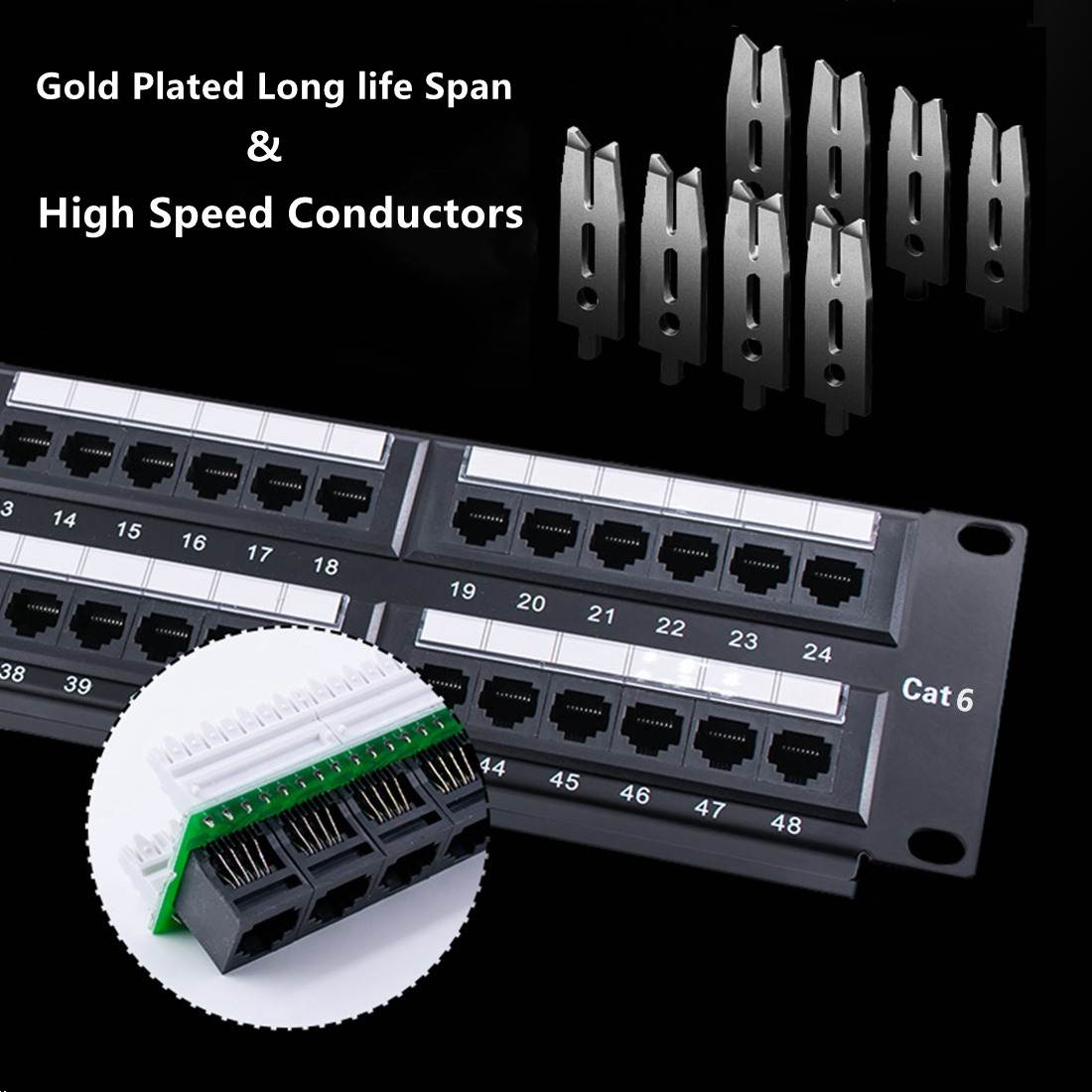 Yankok [Cat6 48 Port Patch Panel] Unshielded 19in.x2U Supports Cat5/5e Ethernet 568A/B Coded for RJ45 Network Rack/Wall Mount (Includes 1x Mini Cable Stripper Cutter, 4x Cable Ties, 4x Mount Screws)