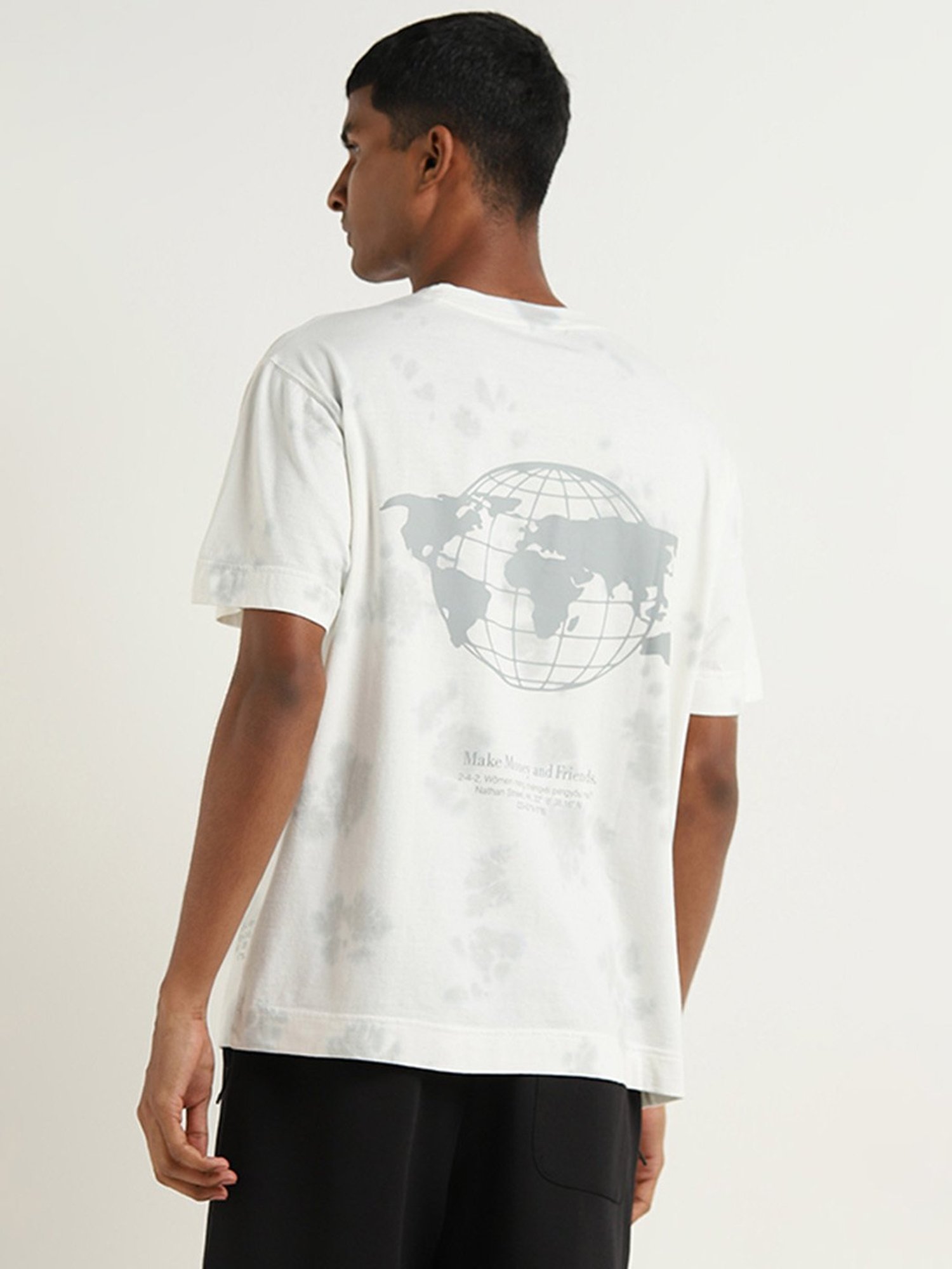Studiofit by Westside White Globe Printed Relaxed Fit T-Shirt
