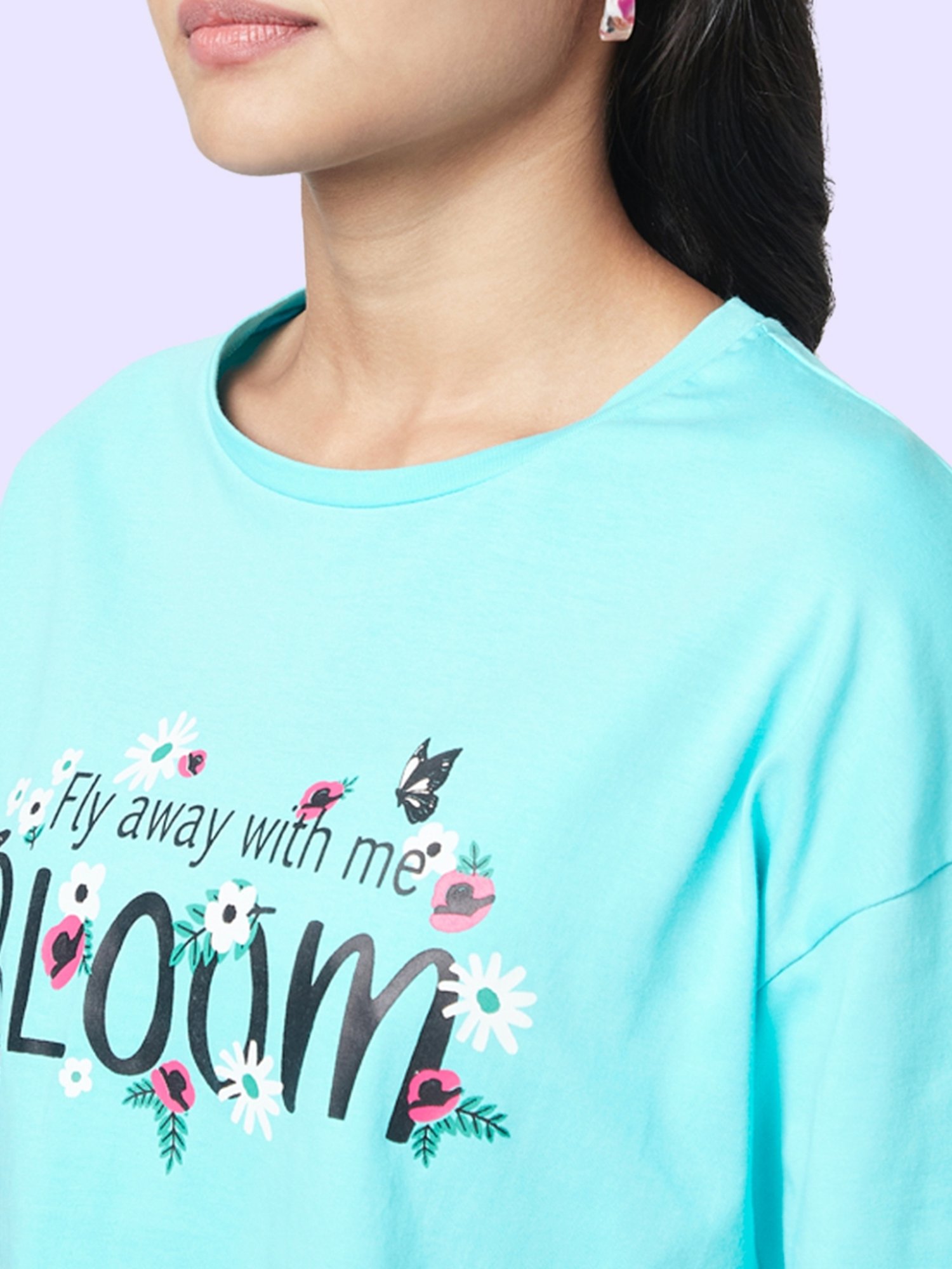 YU by Pantaloons Turquoise Cotton Graphic Print Top