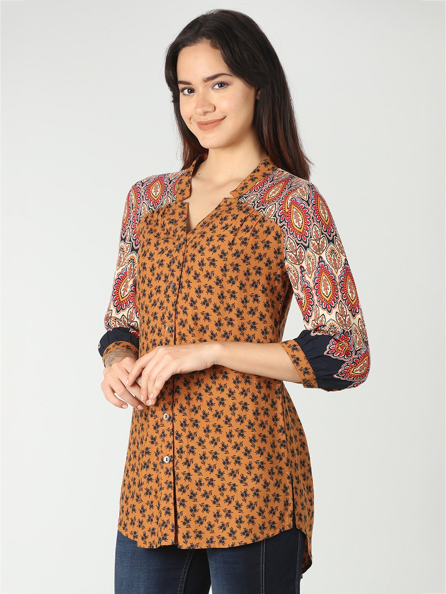 Mustard Multicolor Rayon Printed Shirt