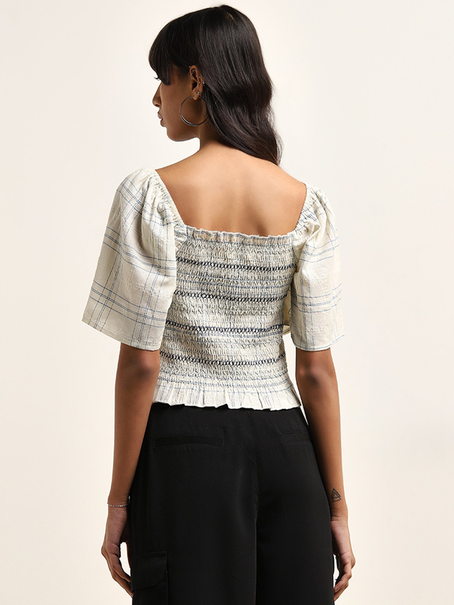 Bombay Paisley by Westside Ivory Checks Design Smocked Cotton Top