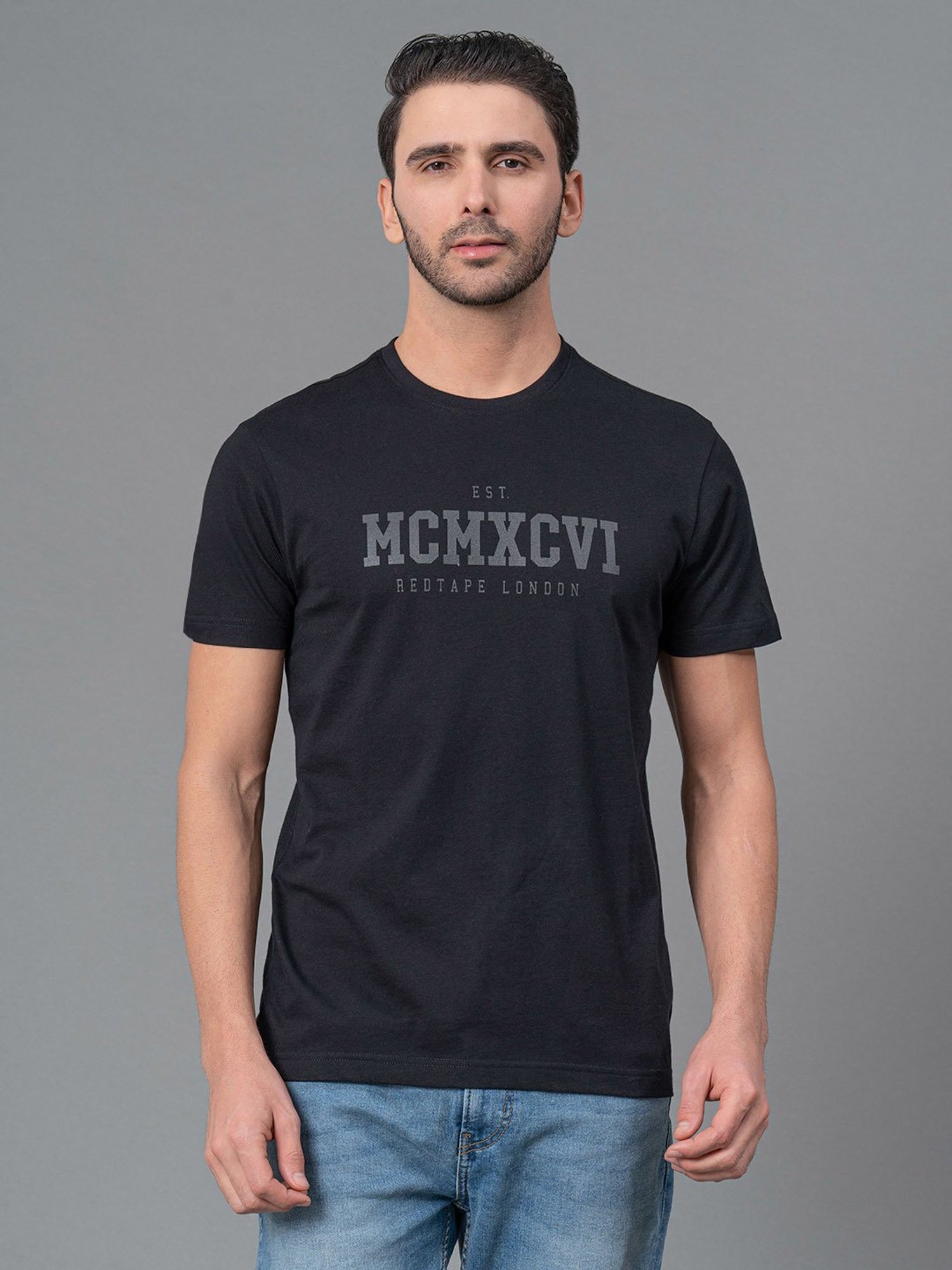 Red Tape Black Regular Fit Graphic Print Cotton Crew T-Shirt