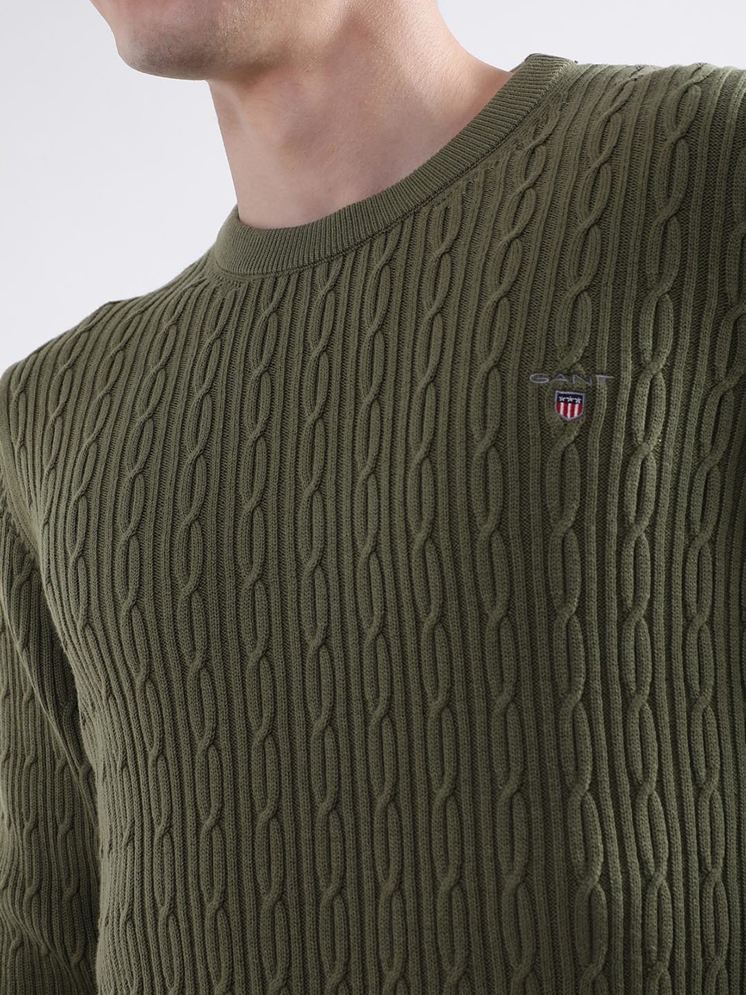 GANT Olive Green Cotton Regular Fit Self Pattern Sweater