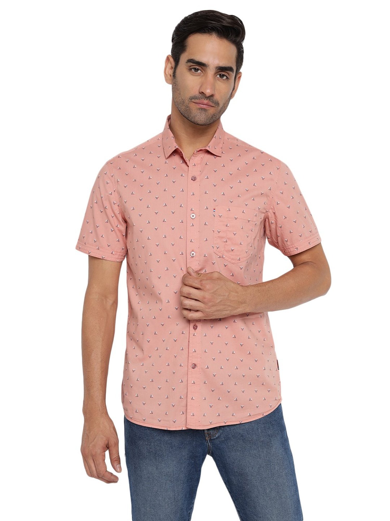 Red Chief Peach Slim Fit Printed Shirt