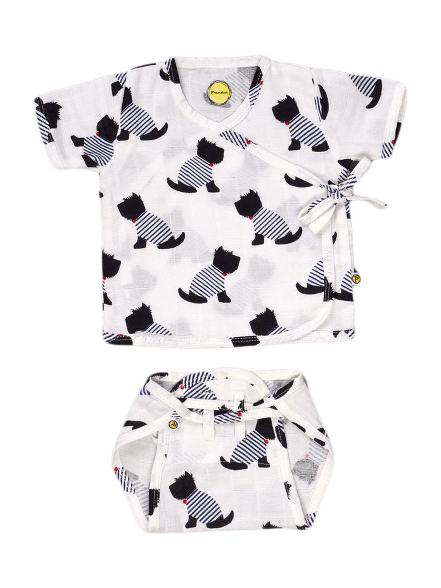 Pranava Kids White & Black Cotton Dog AOP Printed Zabla Langot Set