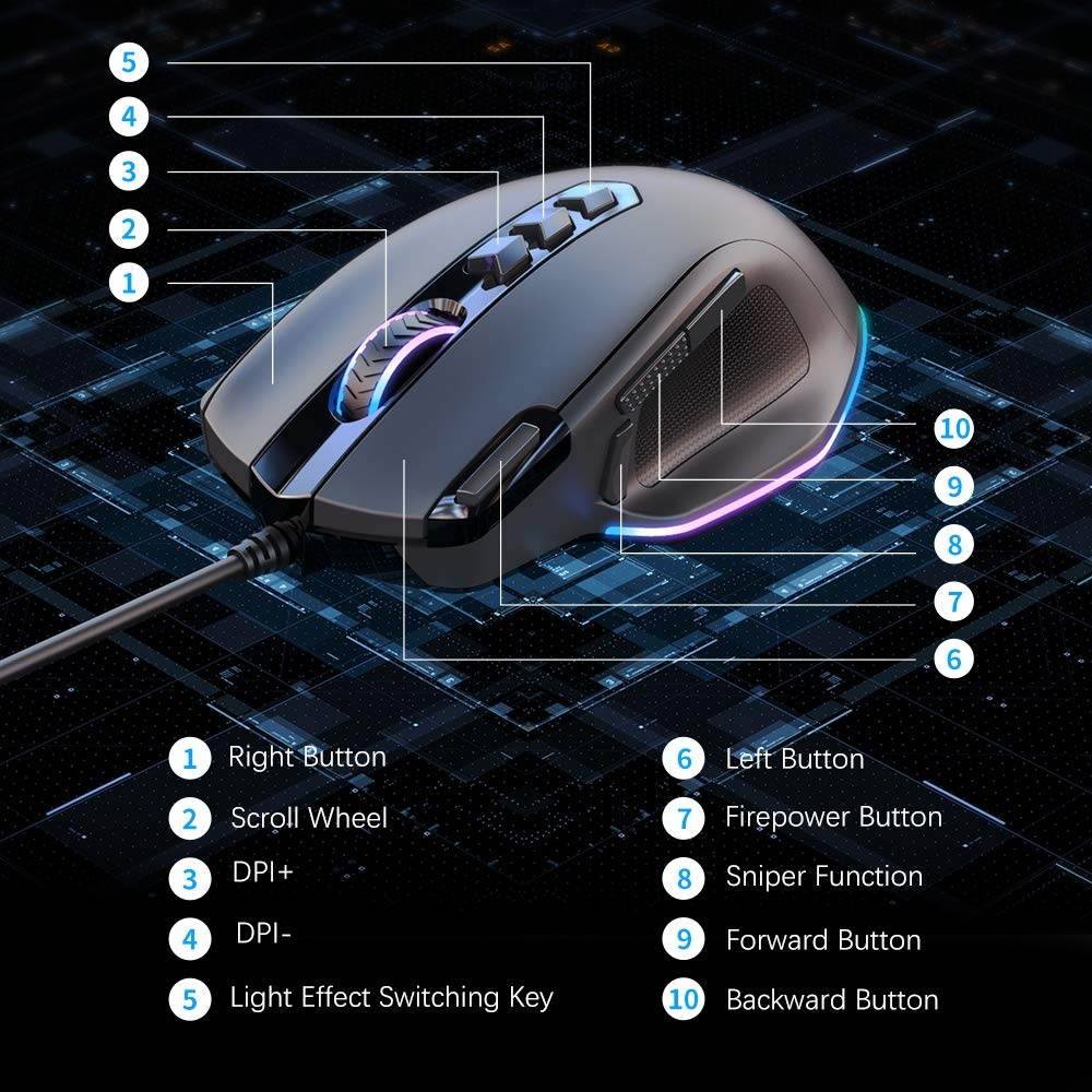 TECKNET Gaming Mouse Wired 10000DPI Breathing Light Ergonomic Gaming Mouse RGB LED Backlit Computer Mice10 Buttons for Windows 7/8/10/XP VistaBlack