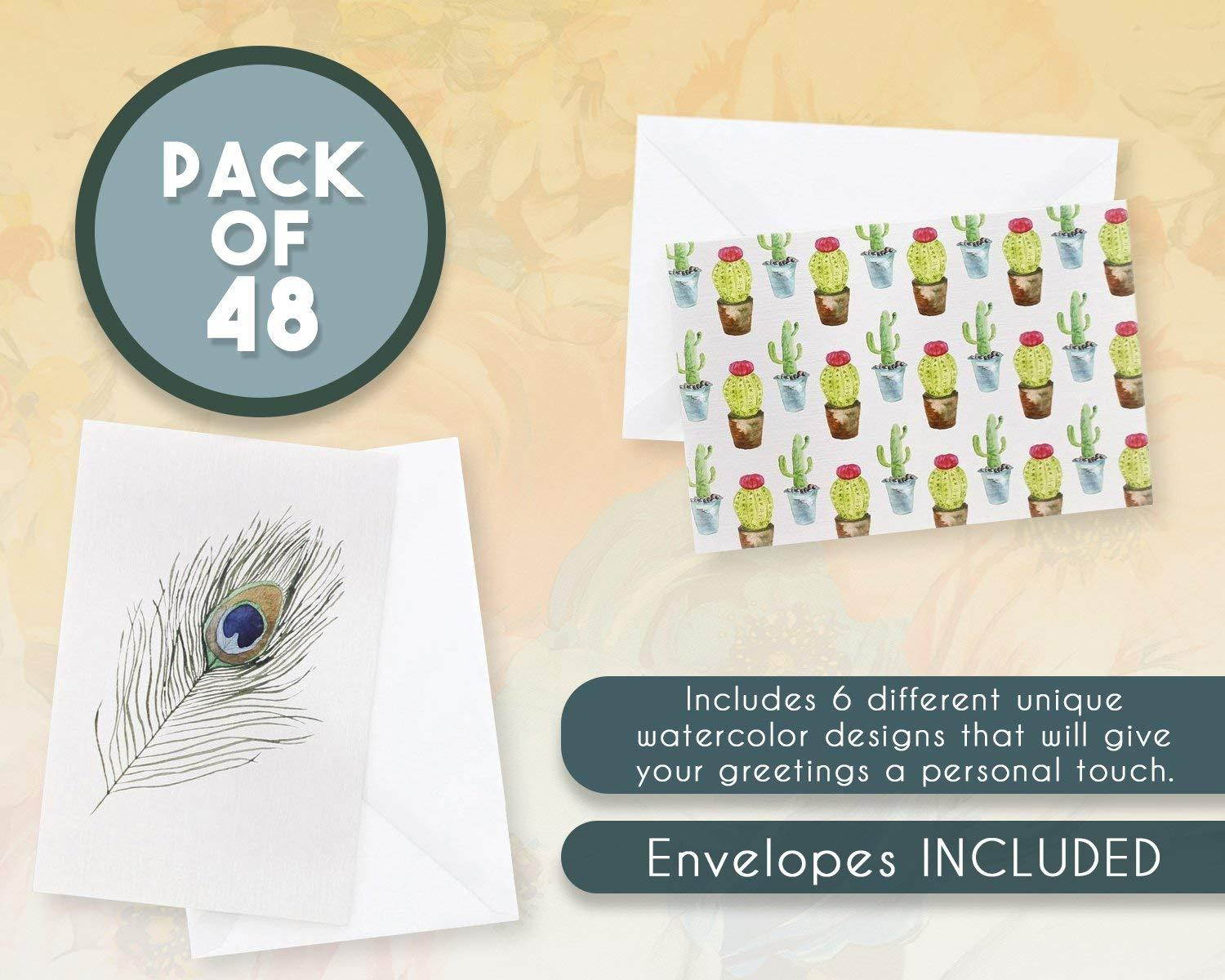 48 Pack All Occasion Assorted Blank Note Cards Greeting Cards Bulk Box Set - 6 Watercolor Designs, Cactus Cacti Floral Flower Peacock Feathers - Notecards with Envelopes Included 4 x 6 Inches