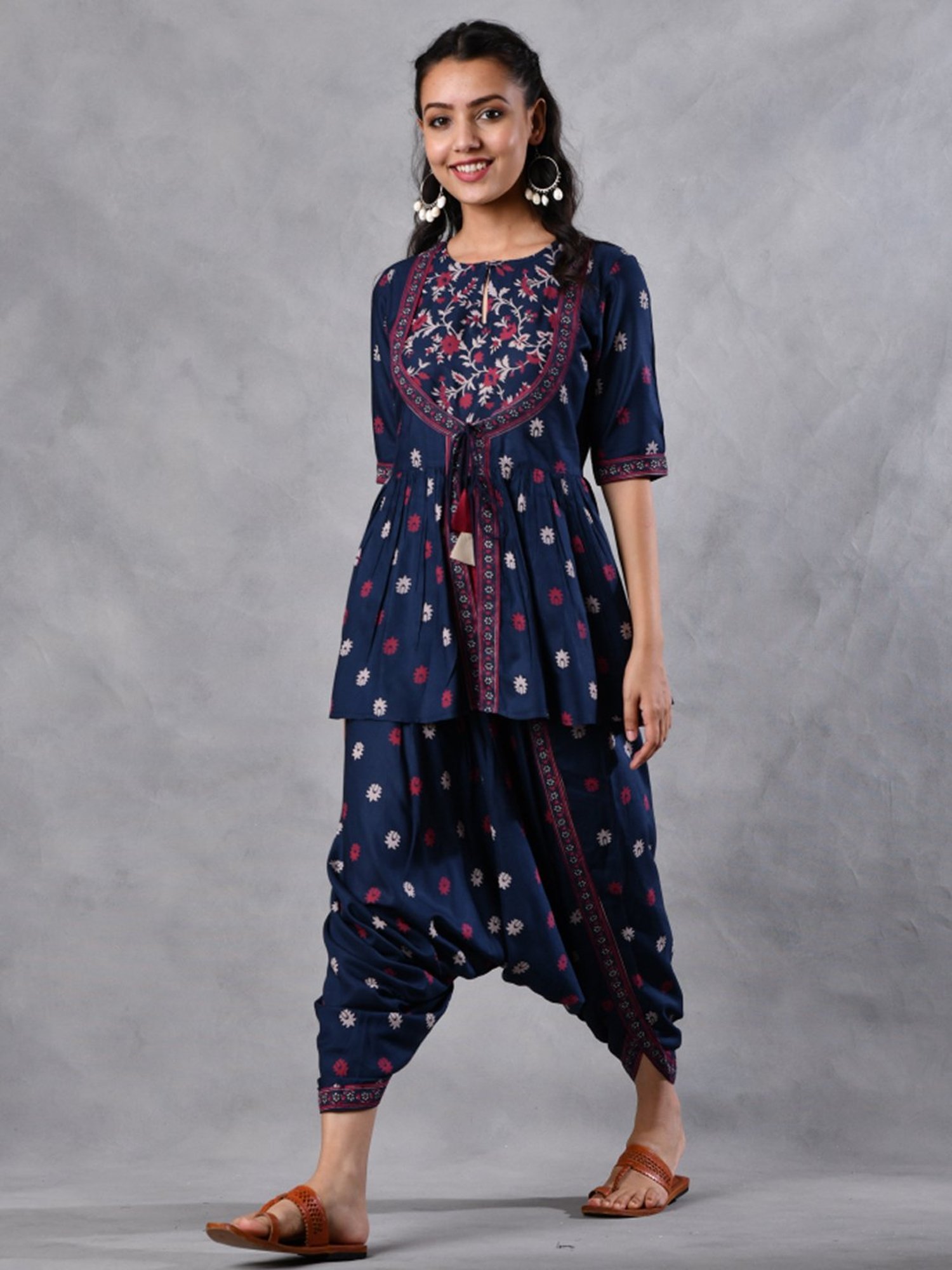 Rustorange Blue Printed Tunic Dhoti Set