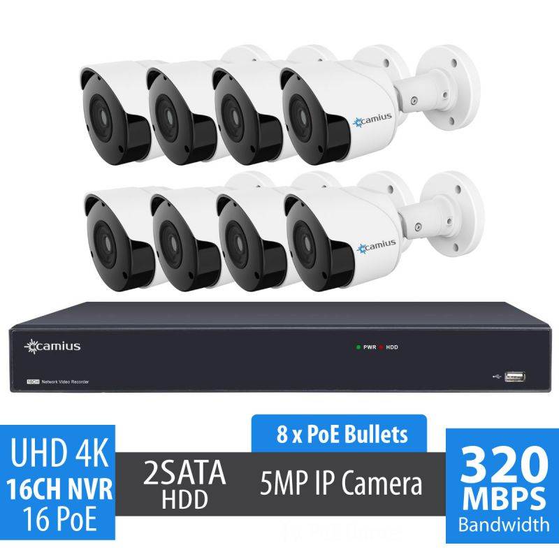 Camius 4K 16 Channel NVR security system with 8 x 5MP Dome & Bullet IP PoE Cameras  with a built-in microphone, 100ft night vision, 2 SATA - SOLD without HDD - 320 Mbps, PC, Mac, phone view - 16PP4B4I