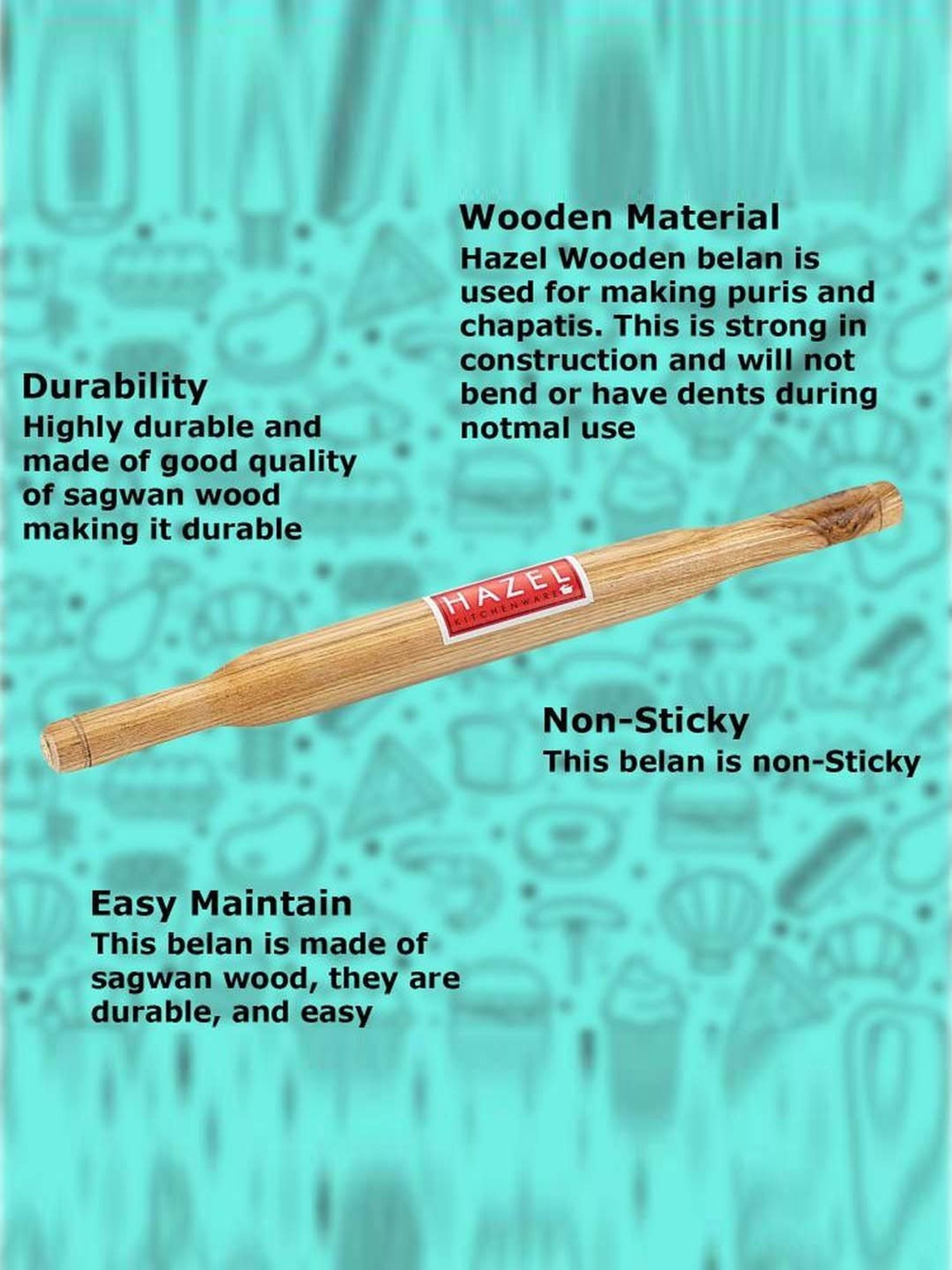 HAZEL Light Brown Sagwan Belan Rolling Pin for Roti