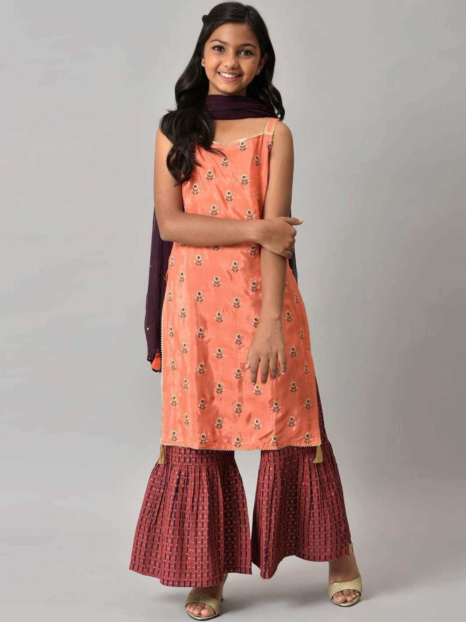 Aurelia Kids Orange & Maroon Floral Print Kurta Set