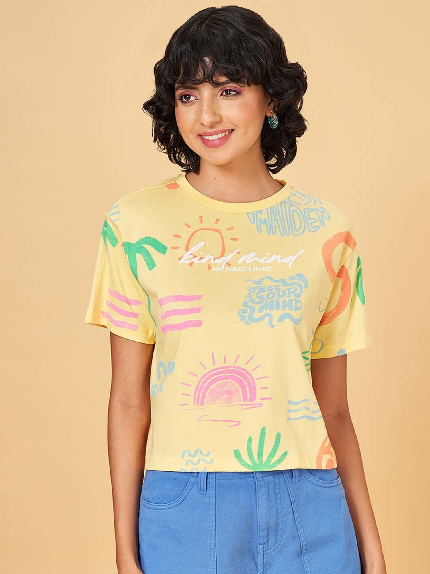 People by Pantaloons Yellow Cotton Printed T-Shirt