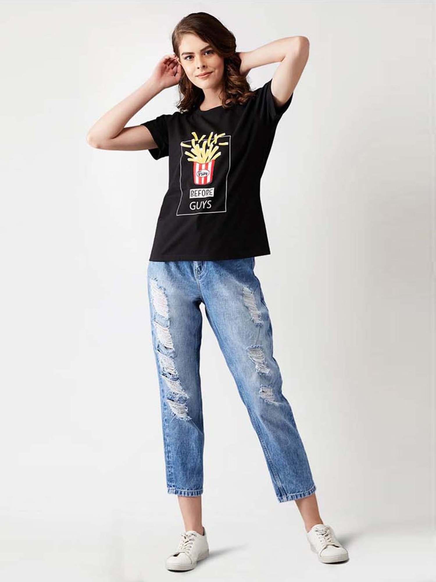 Miss Chase Black Cotton Printed T-Shirt