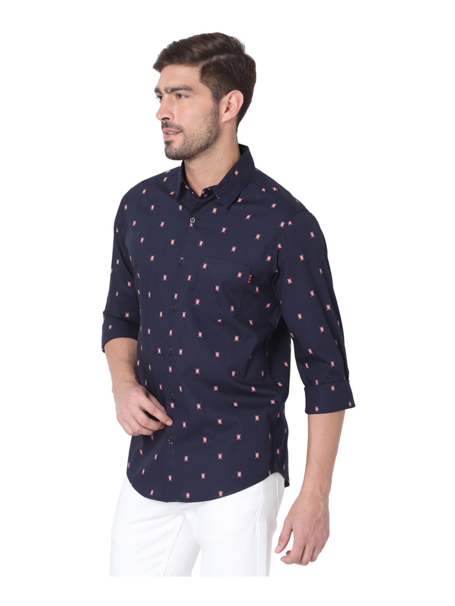 Mufti Navy Cotton Slim Fit Printed Shirt