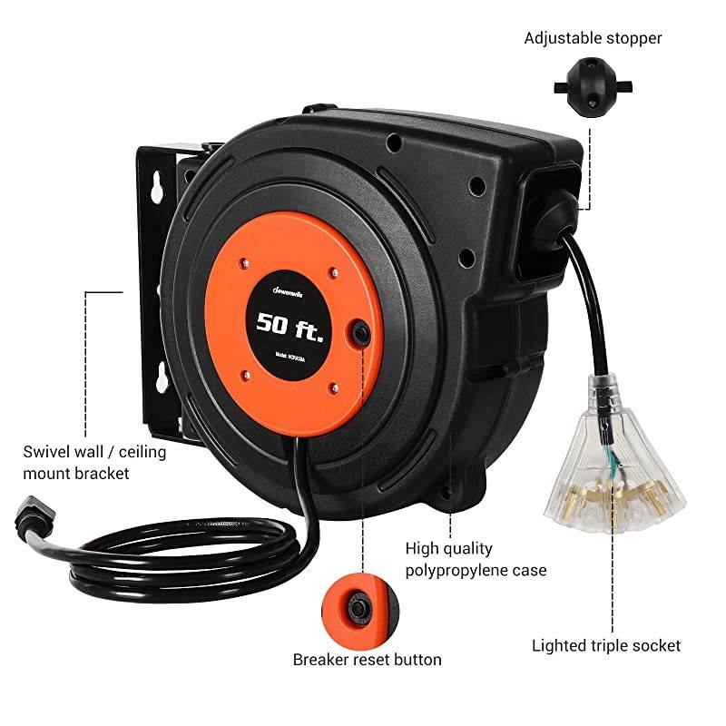Retractable Extension Cord Reel 50 FT Heavy Duty Power Cord 14AWG3C SJTOW 3 Grounded Outlets Lighted Triple Tap 13 Amp Circuit Breaker UL Listed