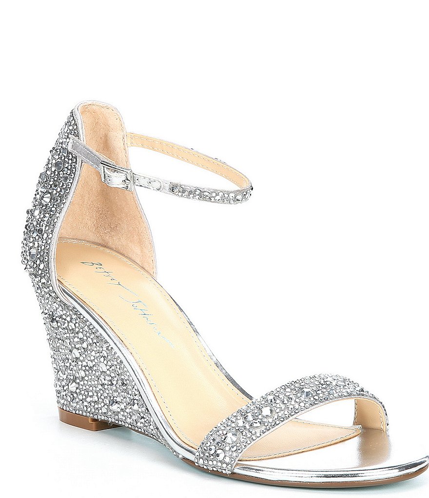 Blue by Betsey Johnson Debie Rhinestone Embellished Ankle Strap Wedge Dress Sandals