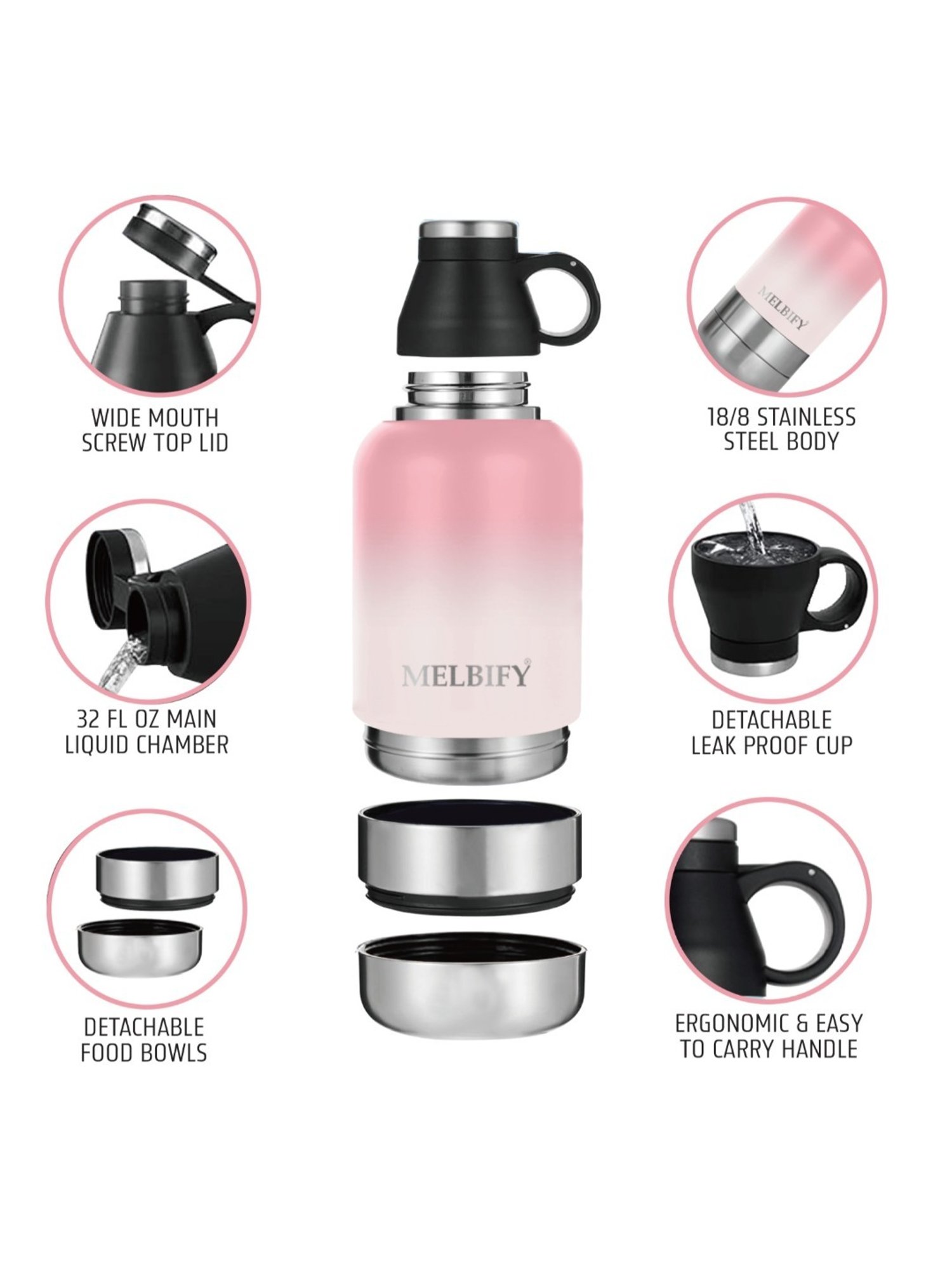 Melbify 3-in-1 Thermos Flask Pink ThermoSteel Water Bottle (1L)
