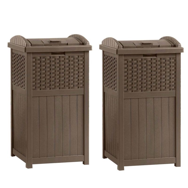 Suncast GHW1732 15.75" x 16" x 31.6" Trashcan Hideaway Outdoor Commercial 33 Gallon 31.6" Resin Garbage Waste Bin with Lid in Brown for Garage, 2 Pack