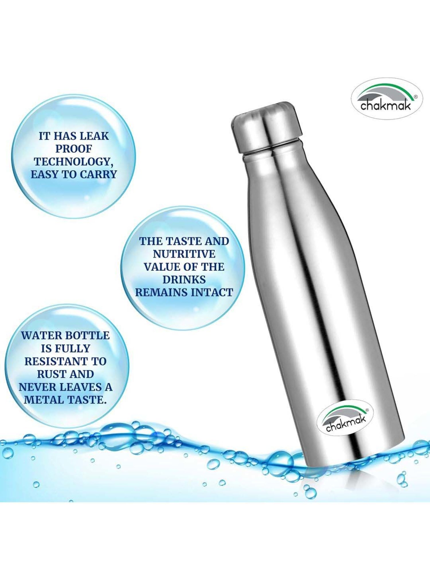 Chakmak Silver Stainless Steel Water Bottle - Set of 4