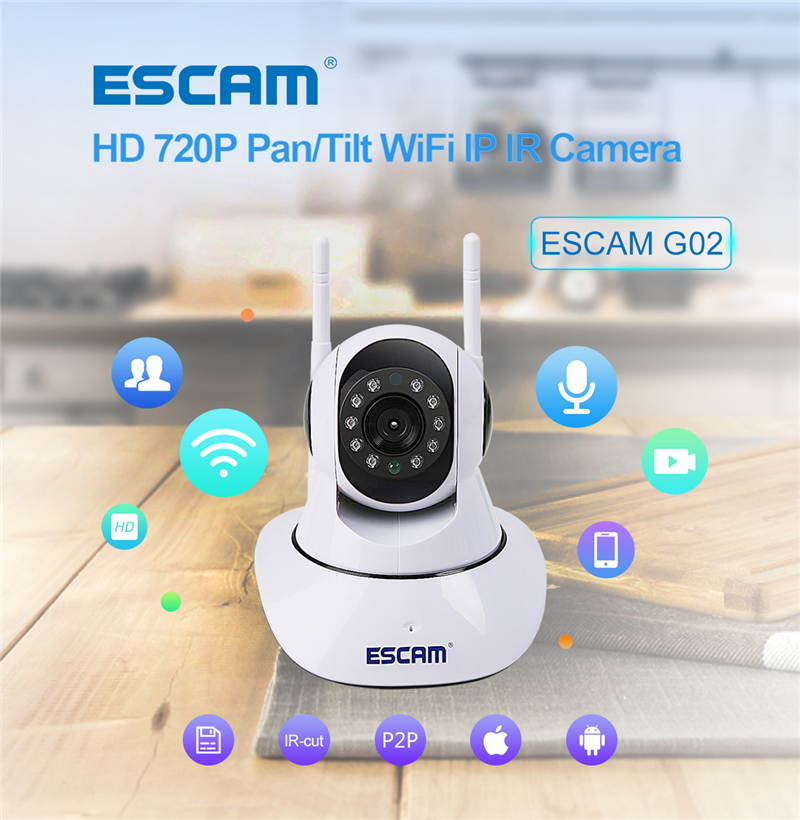 ESCAM G02 Dual Antenna 720P Pan/Tilt WiFi IP IR Camera Support ONVIF Max 128GB