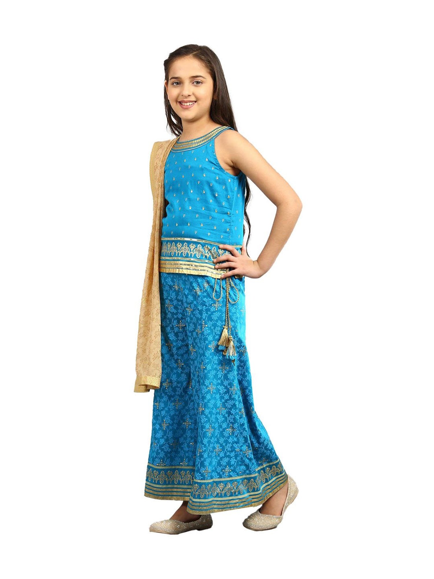 Aurelia Kids Blue & Beige Embellished Top, Palazzos with Dupatta