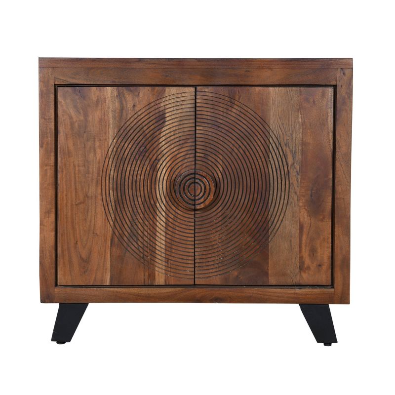 32" 2 Door Wooden Accent Storage Cabinet with Engraved Circular Design Brown - The Urban Port