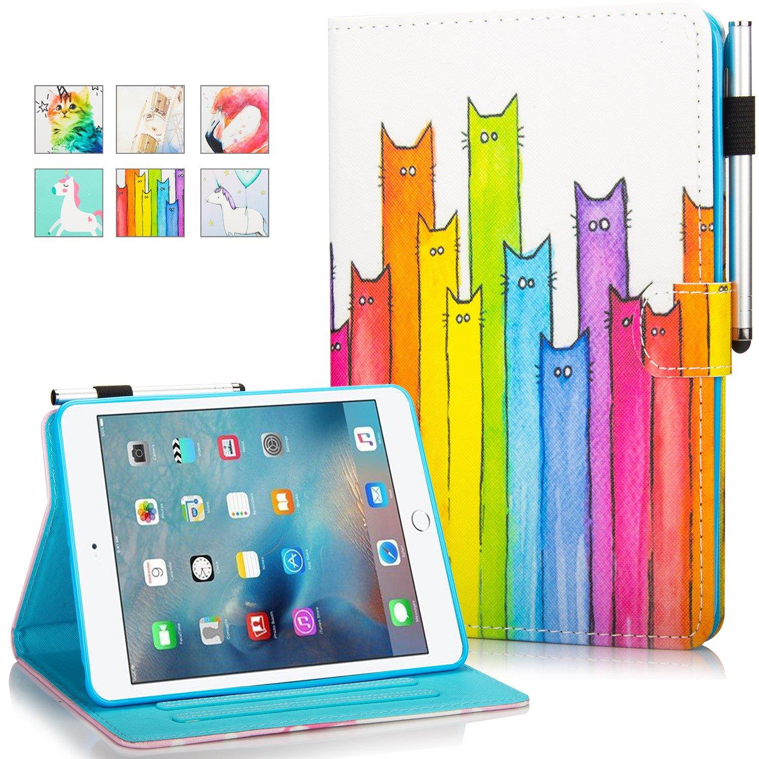 iPad Mini Case,Mini 2/3/4 Case - Monstek Leather Smart Kickstand Case Cover Colorful Flip Wallet Protective Case for Apple iPad Mini 1 2 3 4 - 03 Colorful Cats