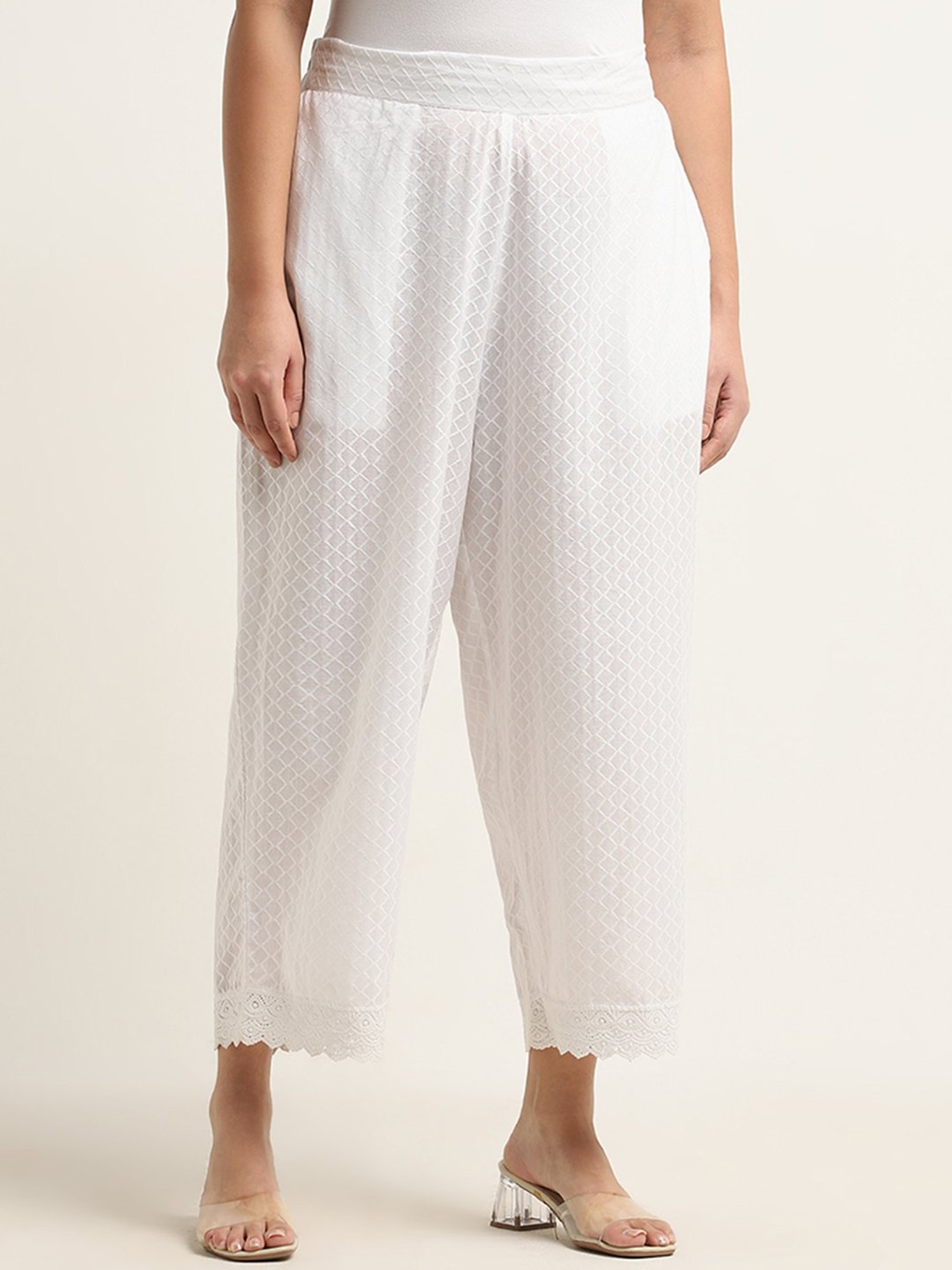 Diza by Westside White Self-Patterned High-Rise Ethnic Cotton Pants