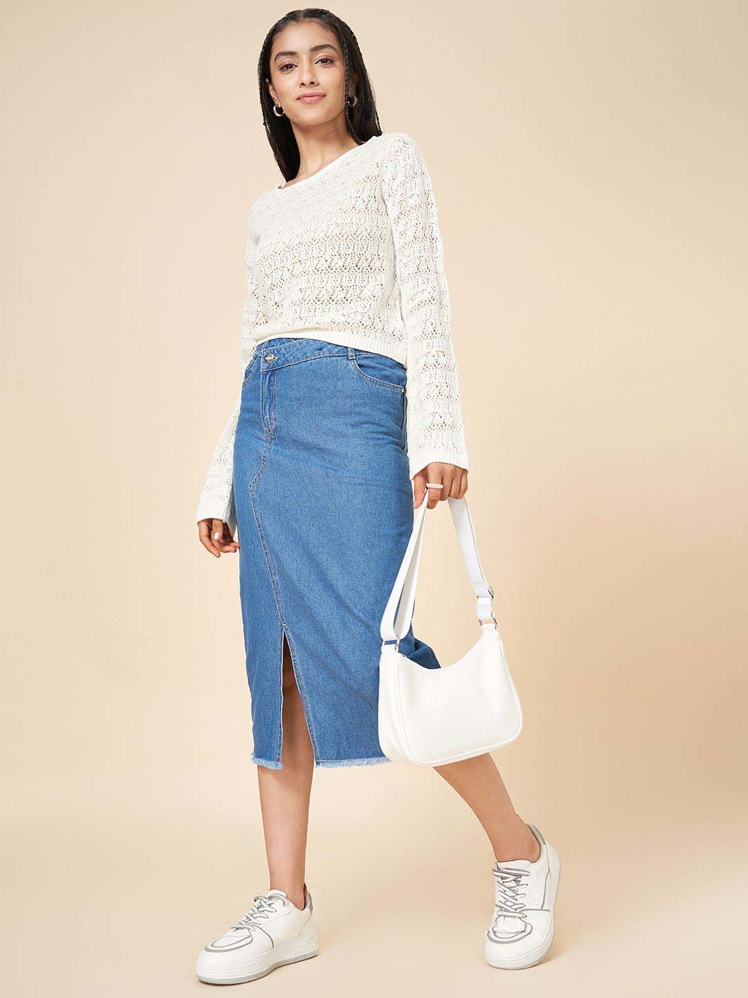 Coolsters by Pantaloons Girls Faded Denim Cotton Solid Skirts