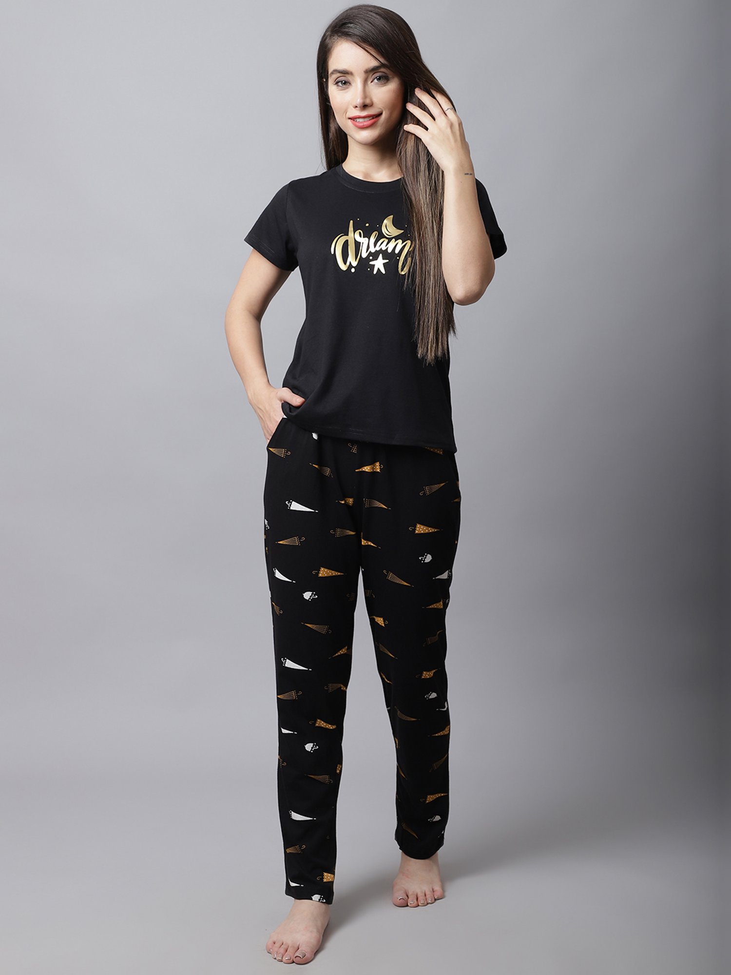 Boston Club Black Cotton Printed Top Pyjama Set