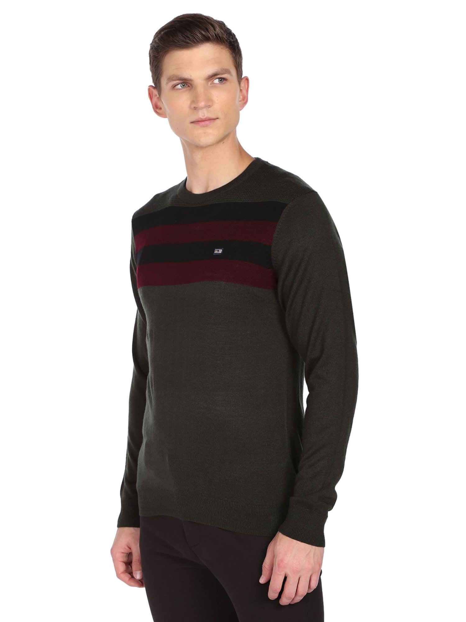 Arrow Sport Charcoal Regular Fit Striped Sweater