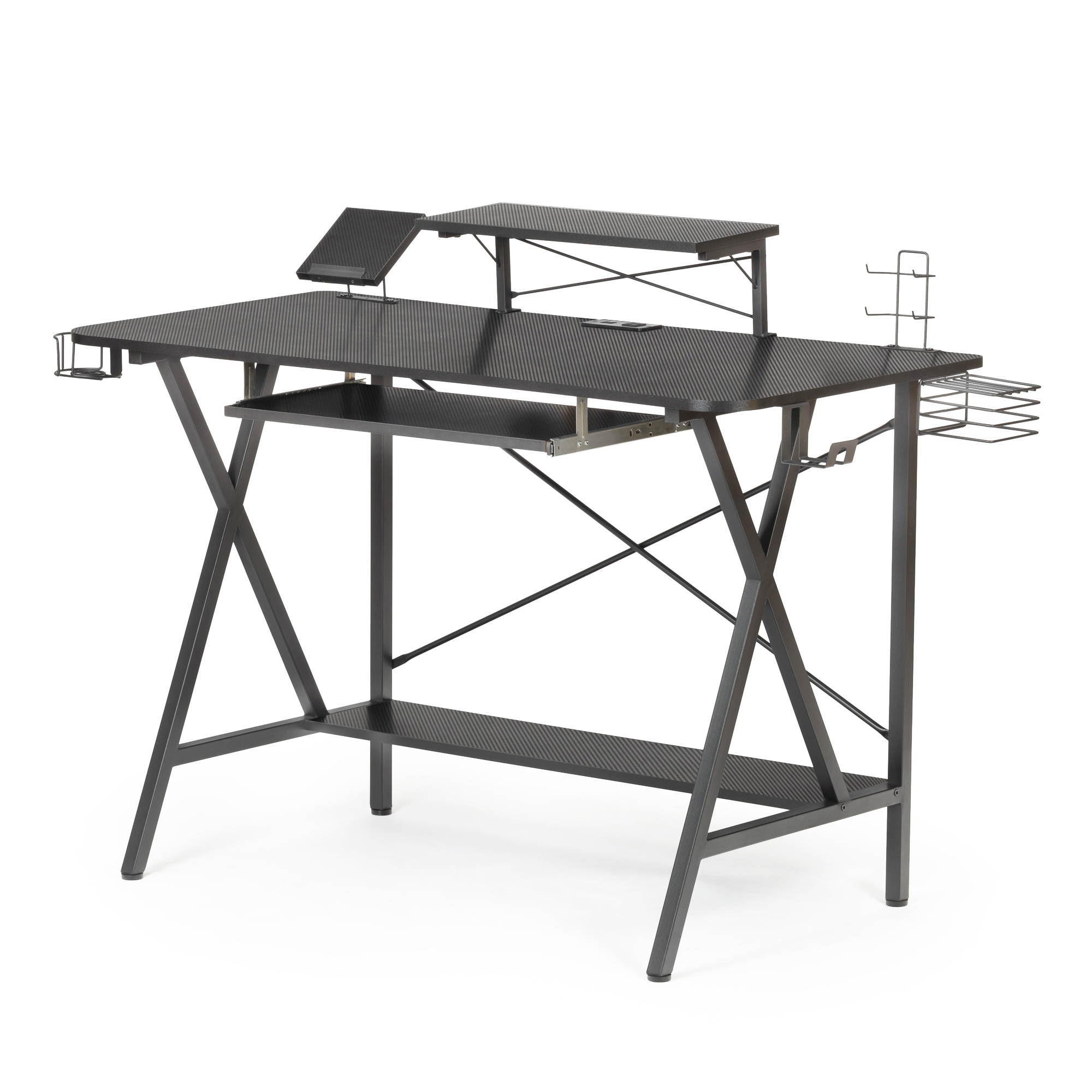 47" Gaming Desk Table E-Sports Computer Desk with PC Stand Shelf Keyboard stand Power Strip with USB Cup Holder & Headphone Hook Home Office Desk Gamer Desk Writing Table Carbon Fiber Coated Black