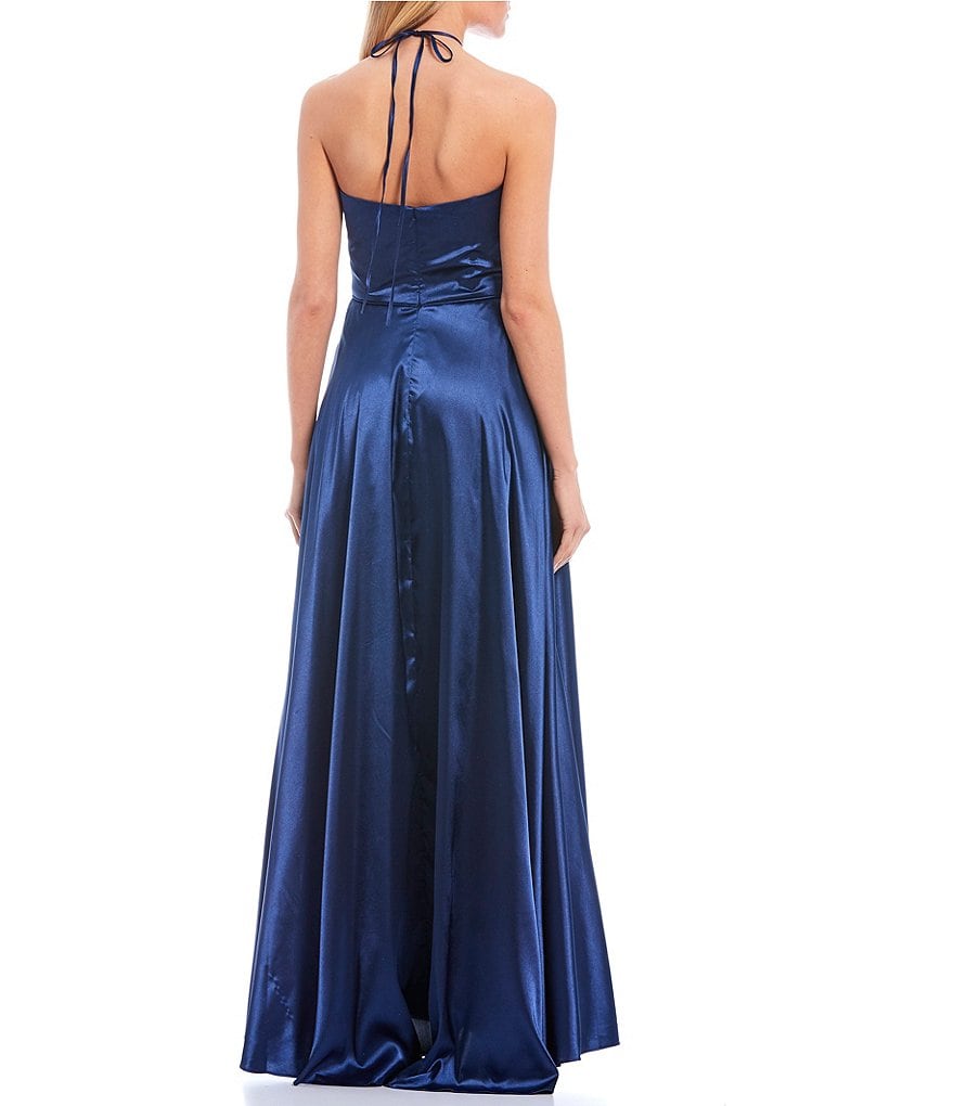 Blondie Nites Halter-Neck Embroidered-Bodice Side Slit Charmeuse Ball Gown