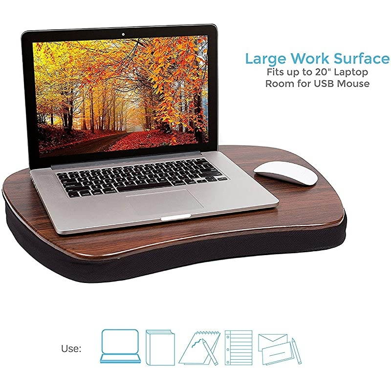 Sam Oversized Wood Top Memory Foam Lap Desk with Detachable USB Light and Tablet Slot Black Supports Laptops Up to 20 Inches
