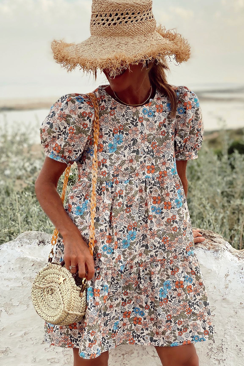 White Frill Mock Neck Sleeveless Tiered Floral Dress