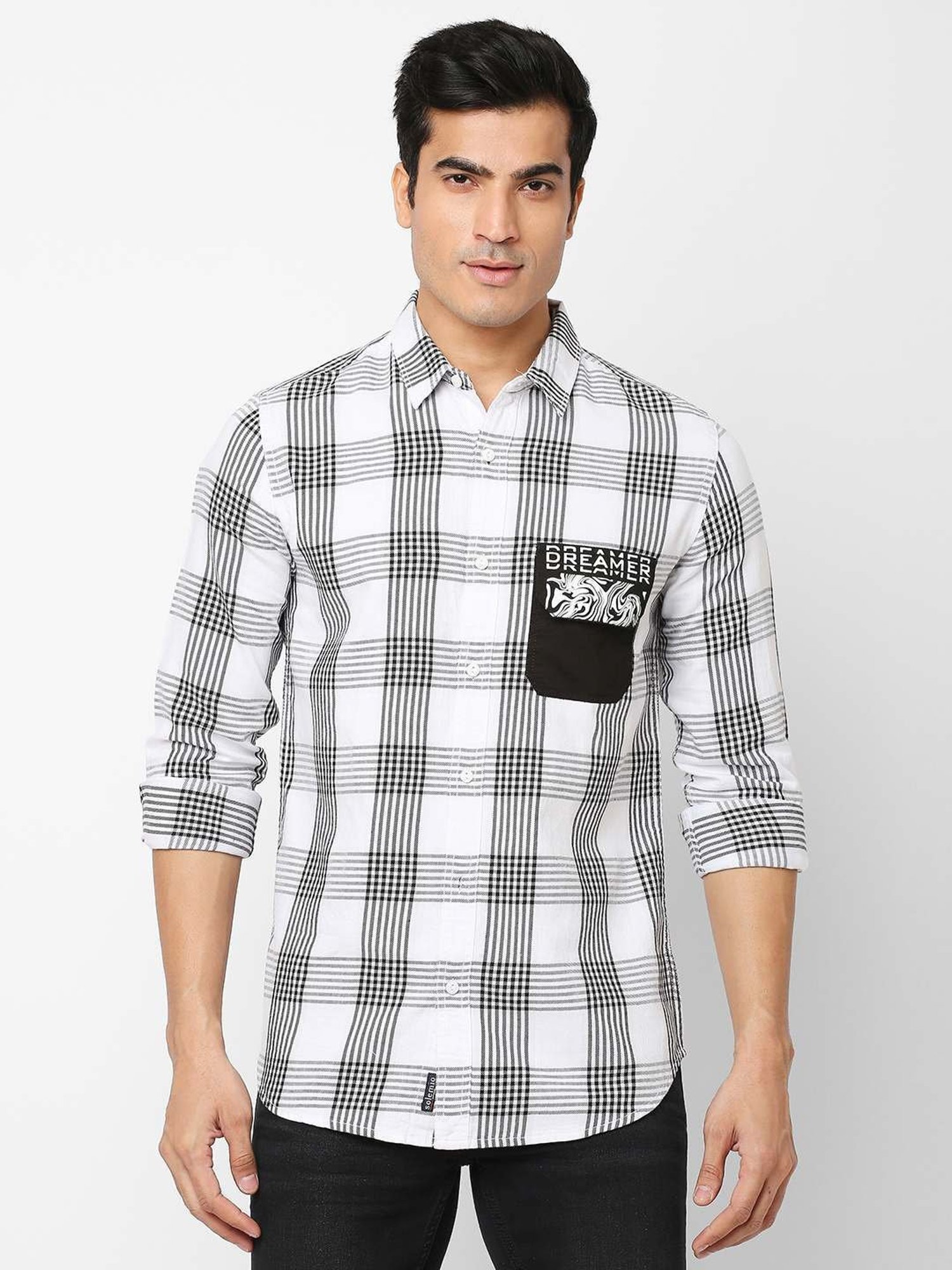 SOLEMIO White & Black Cotton Slim Fit Checks Shirt