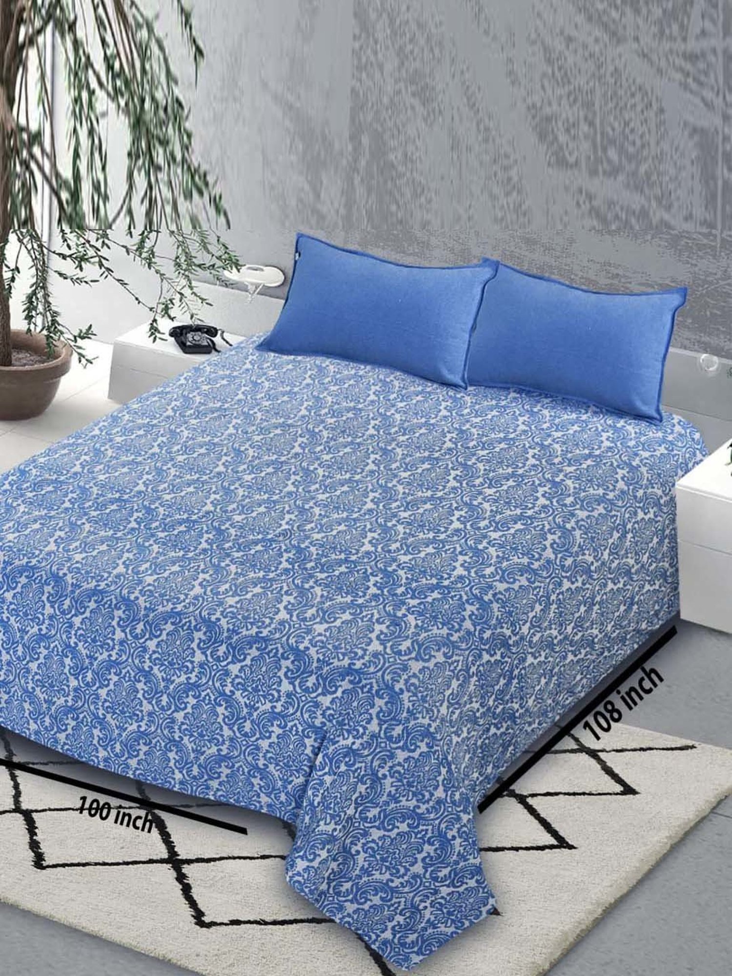 Saral Home Easy Living Blue Cotton 220 TC Royalty Handmade King Bed Sheet With Pillow Covers
