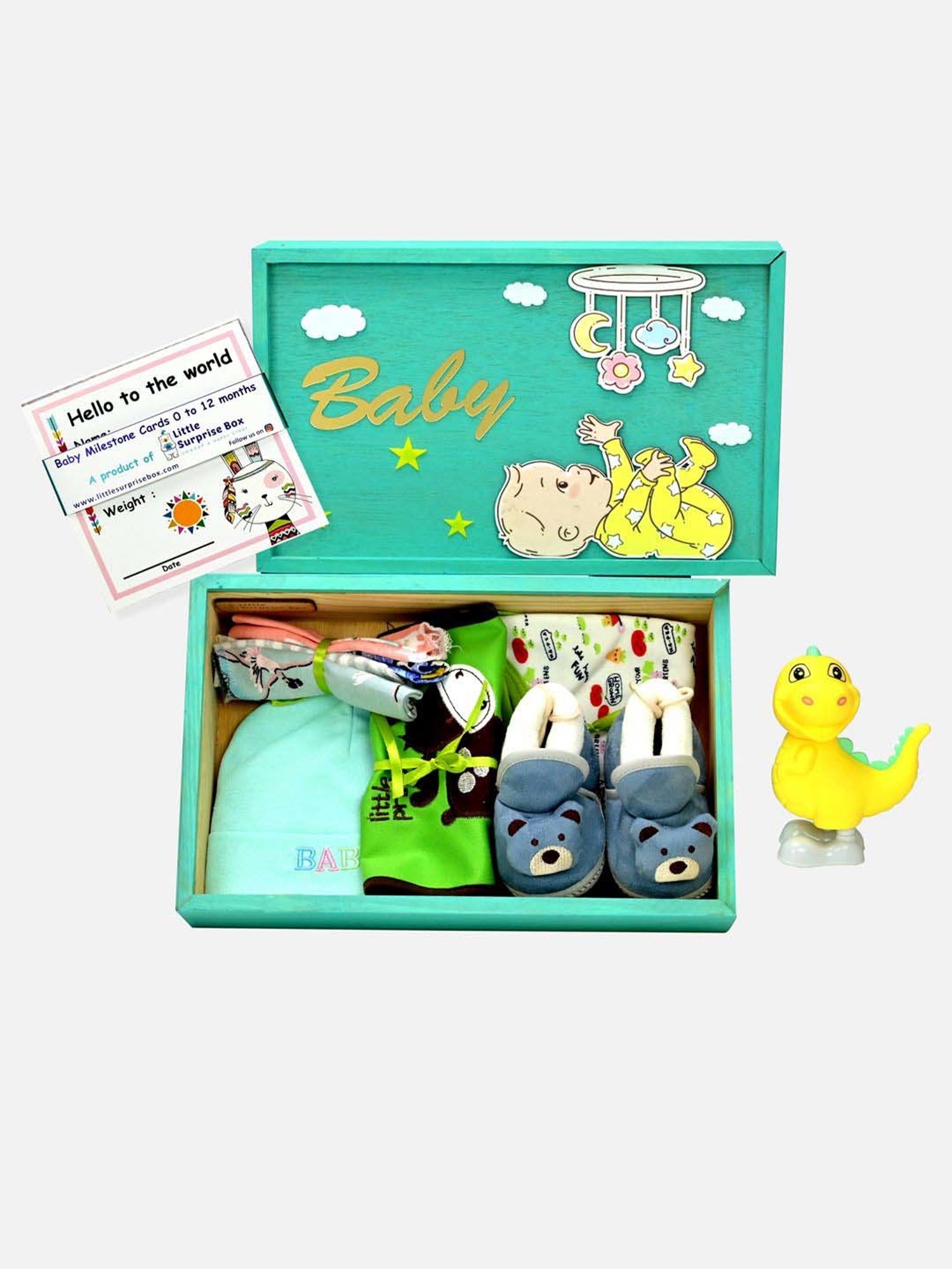 Little Surprise Box Kids Green & White Cotton Printed Full Sleeves Gift Set