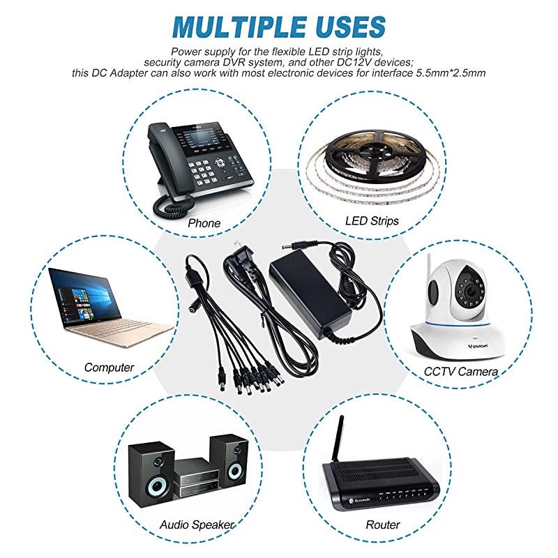 Swann Lorex QSee Security Camera Power Adapter 12V 5A 60W 2Prong Plug 100V240V AC to DC 25x55mm w8Way Power Splitter Cable Power Supply for CCTV Security Camera DVR LED Strip Lights