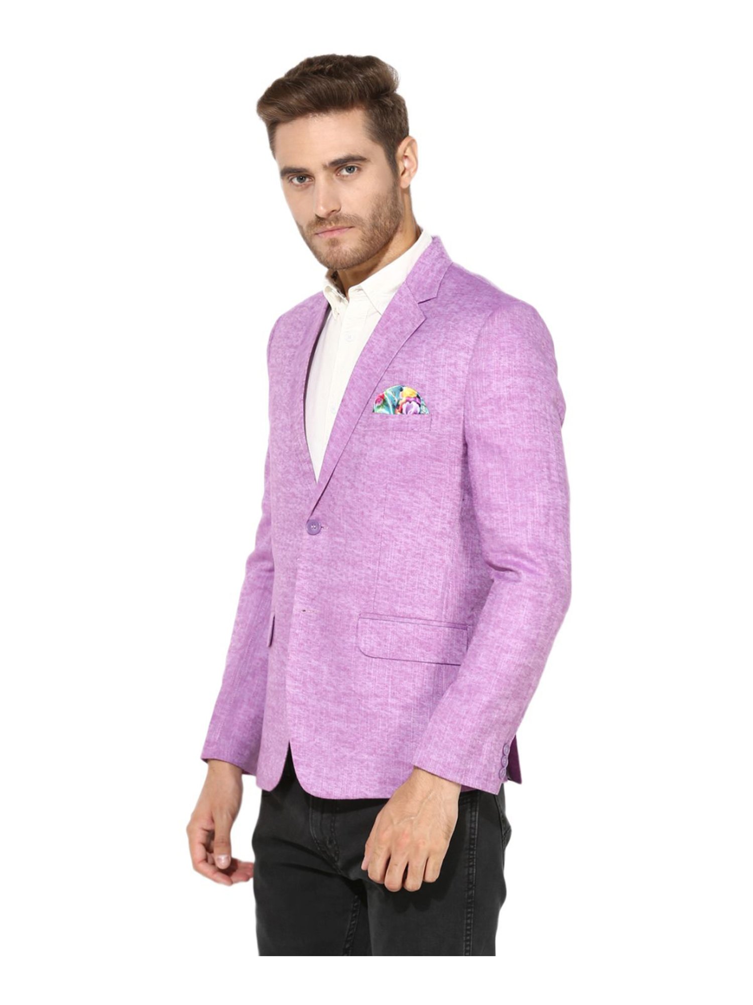 Hang Up Purple Linen Regular Fit Self Pattern Blazer