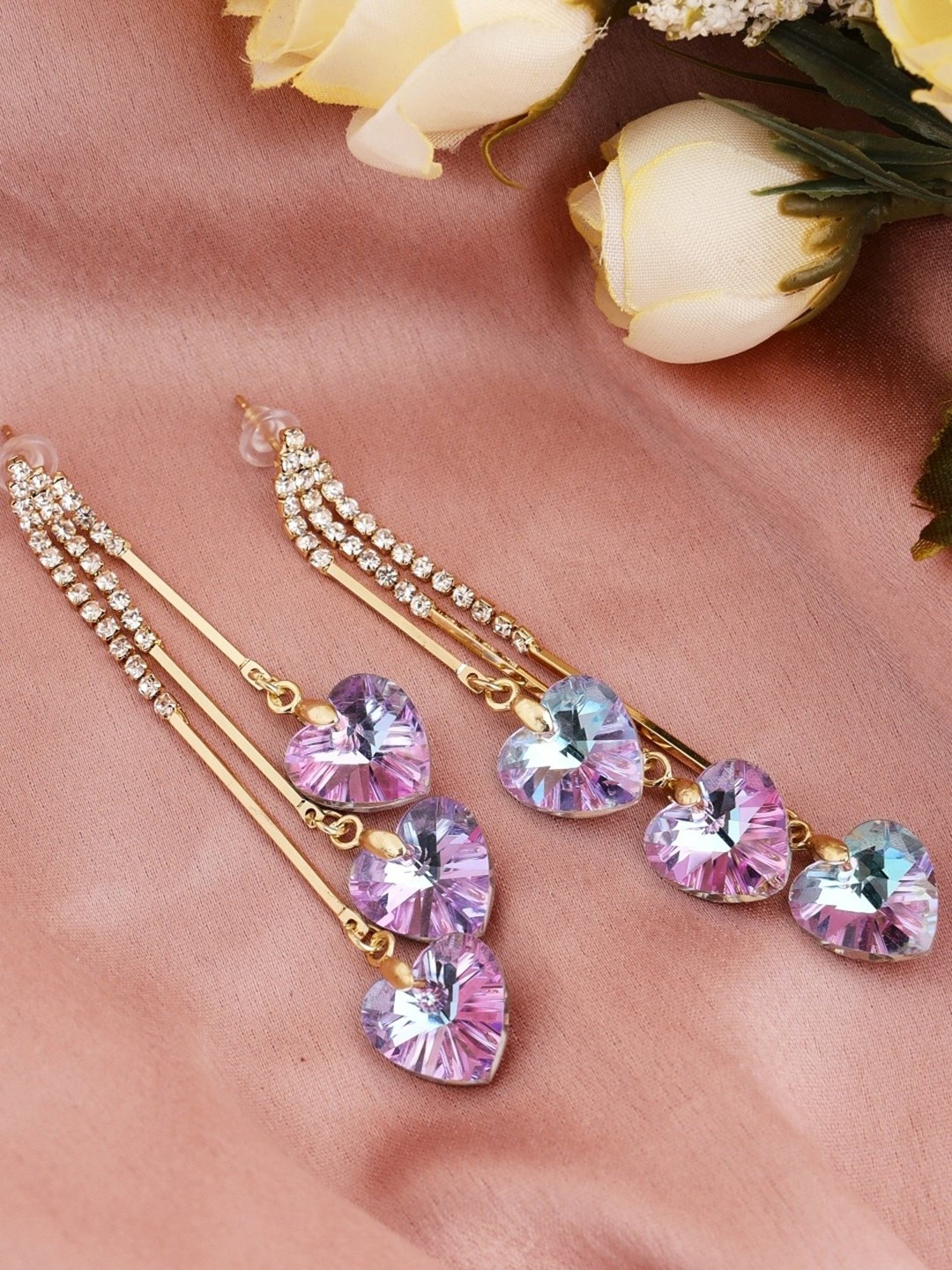 Prita by Priyaasi Purple Triple Heart Tassel Studded Gold-Plated Dangler Earrings