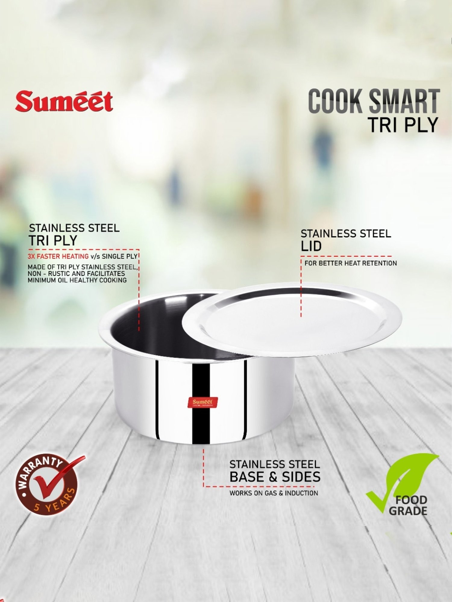 Sumeet Cook Smart TriPly SAS (Steel-Aluminium-Steel - 3 Layers) Tope with Lid - 2 Ltr - 18Cm