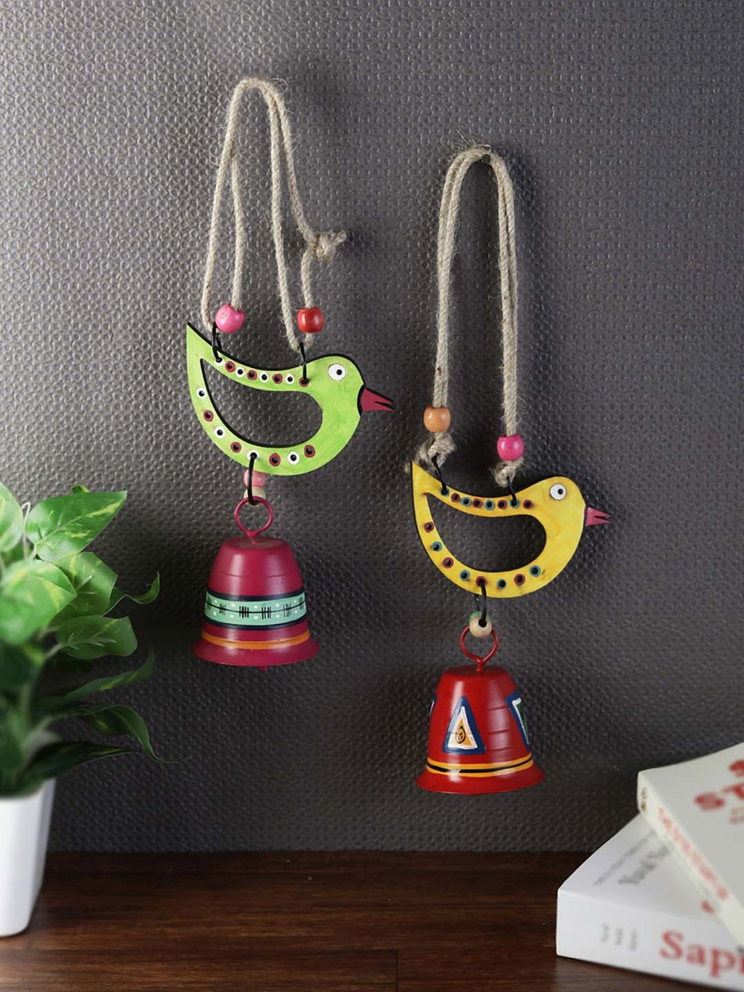 VarEesha Multicolor Wood Sparrow Tinkle Bells Windchime - Set of 2