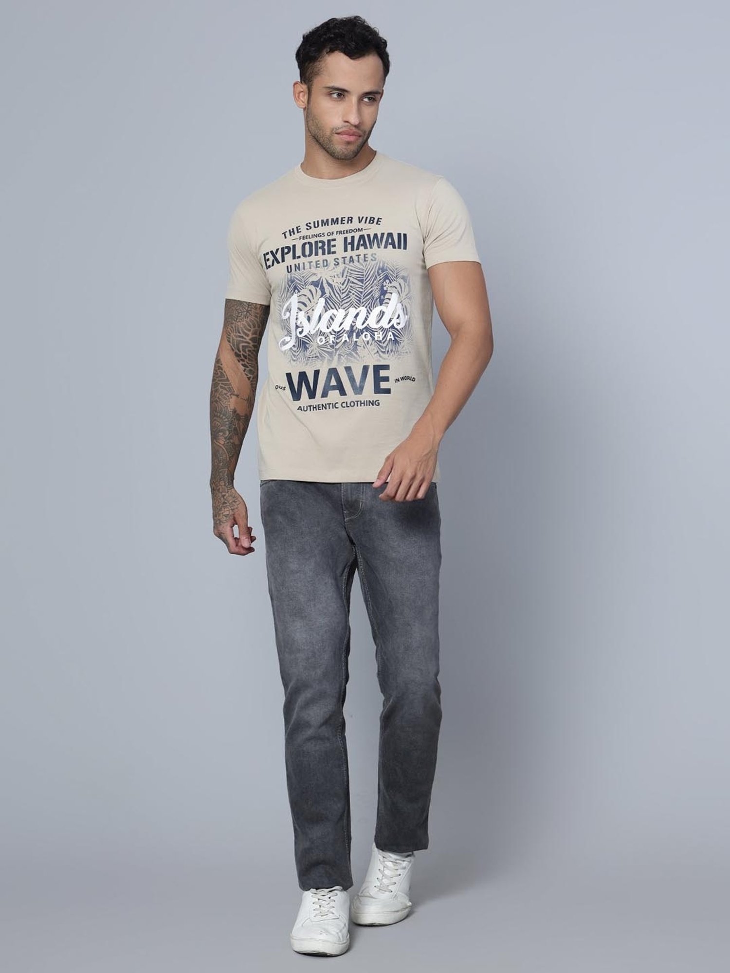 Cantabil Beige Regular Fit Printed T-Shirt