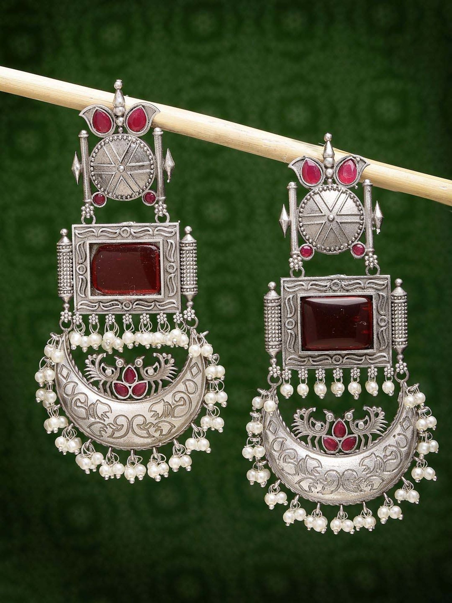 NVR Silver-Plated Artificial Stones and Beads Chand Bali Earrings for Women