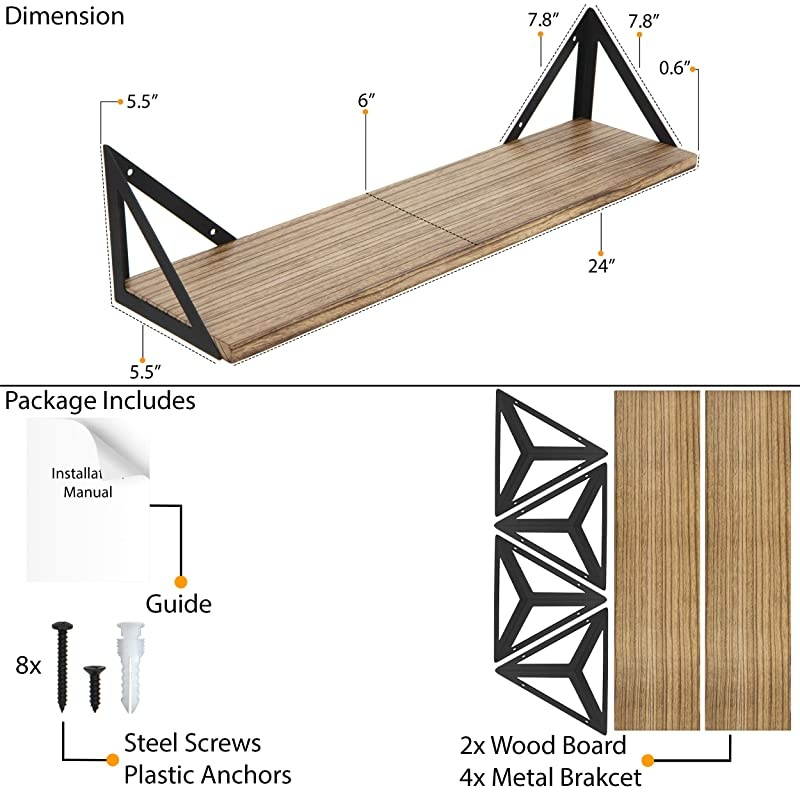 Minori Floating Shelves Set of 2 Small Bookshelf Unit for Bedroom Office and Living Room Natural Burned Rustic Wood Wall Decor with Metal Floating Shelf Bracket